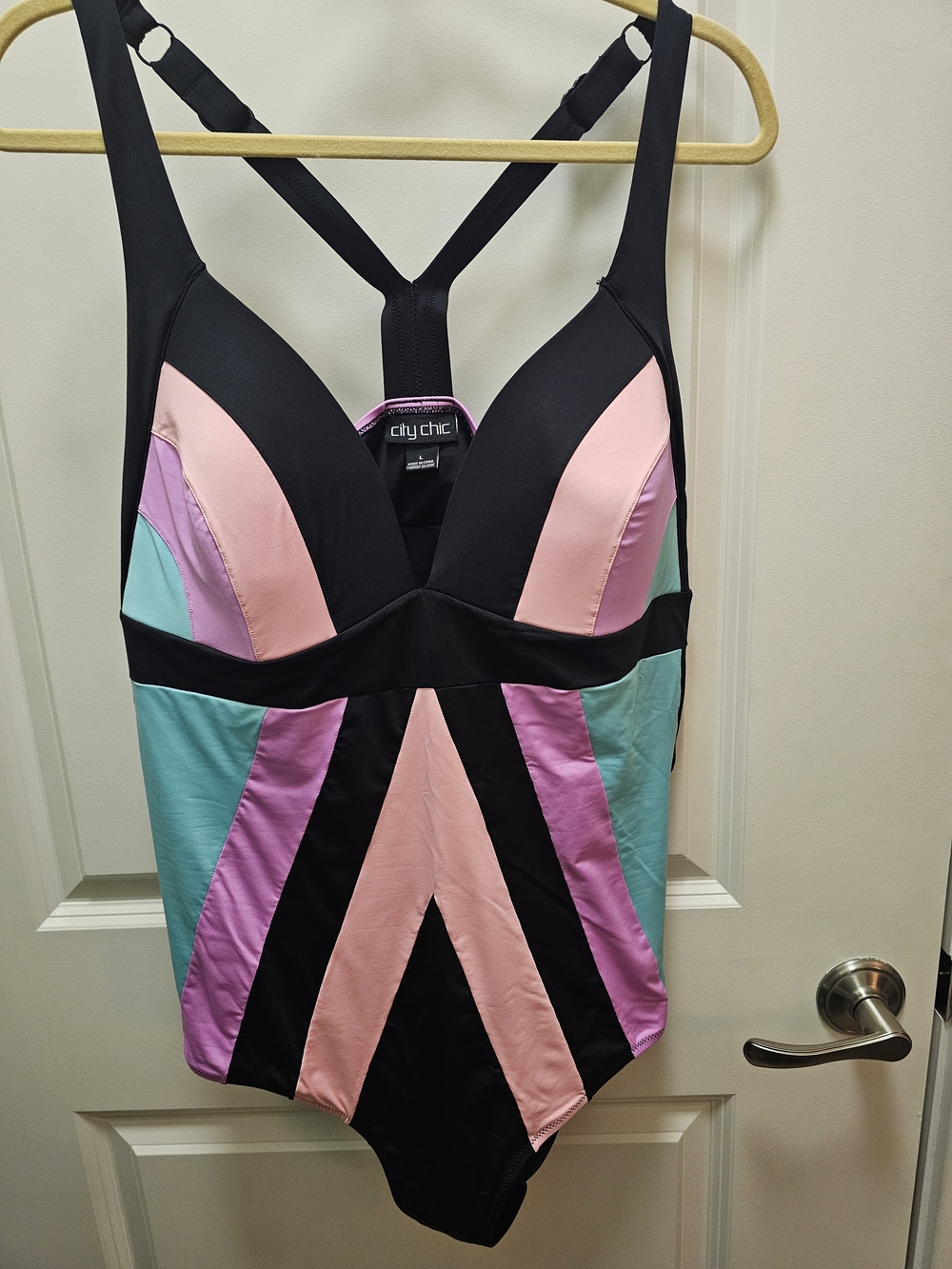 City Chic Colorblock One-Piece Swimsuit in Black, Pink, Purple & Aqua
